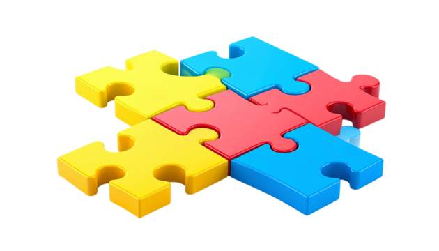 Colorful jigsaw puzzle pieces connect. Transparent background useful for posters, branding, or backgrounds.
