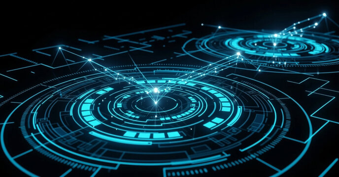 Futuristic interface with glowing blue circles and connected lines on a dark background design element
