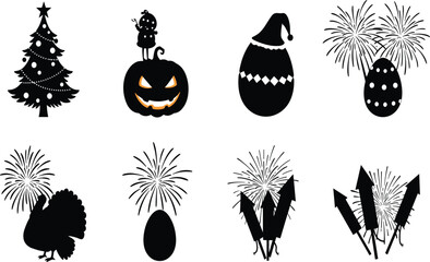 Holiday celebration icons, Christmas tree, Halloween pumpkin, Easter egg, Thanksgiving turkey, fireworks, festive silhouette, seasonal symbols, black vector, decoration set