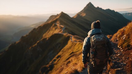 climbing. Solo hiker on mountain trail during golden hour, with blurred mountain backdrop. tourism brochures, itinerary planners, designed for hospitality marketing for hotel rooms and spa retreats.
