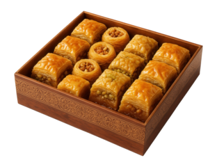 Top view of a box containing assorted Syrian baklava pieces.