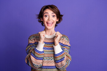 Photo of cheerful lovely glad woman wear stylish clothes winter sale proposition isolated on purple...
