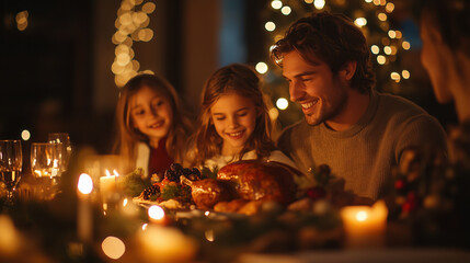 family enjoying New Year dinner together, festive table with roasted turkey and candles, warm lighting
