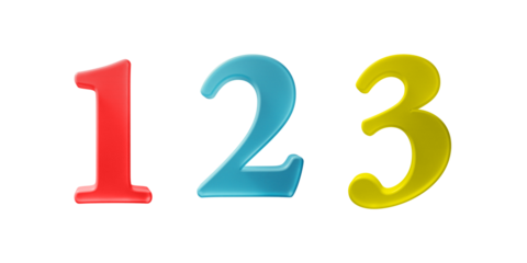 Numbers 1, 2, and 3 are shown from the front, with a shimmering, translucent texture, colored red, blue, and yellow, and round in shape