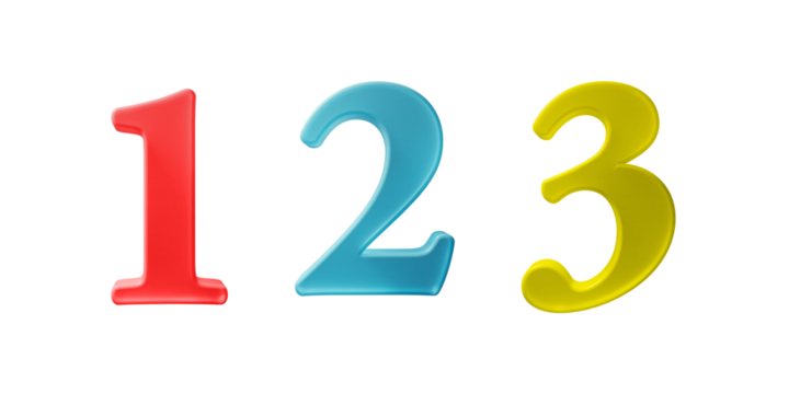 Numbers 1, 2, and 3 are shown from the front, with a shimmering, translucent texture, colored red, blue, and yellow, and round in shape