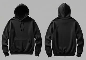 Naklejka na ściany i meble Front and back view of a black hoodie with a front pocket and drawstring, isolated on a grey background of mockup