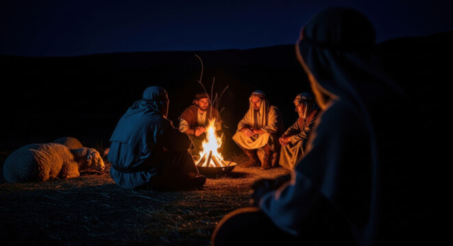 Group of men shepherds sitting around a campfire at night, protecting sheep. Christmas Bethlehem night in biblical times.