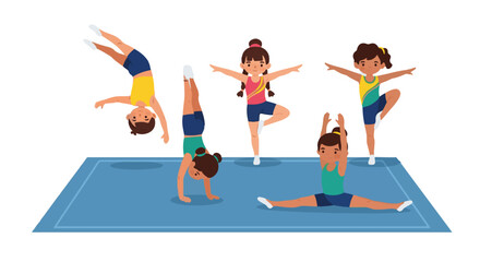 Young female gymnasts performing various acrobatic and balancing exercises on a blue mat, isolated vector illustration set