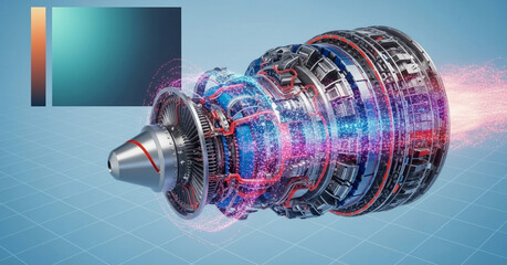 Detailed rendering of a jet engine with visible internal components and energy flow simulation effects