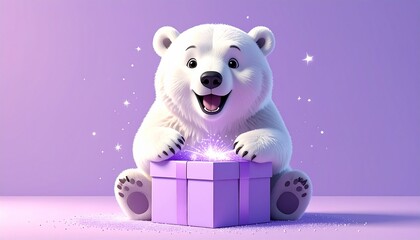 3D render of adorable polar bear opening sparkling gift box, pastel purple background with copy space, ideal for Christmas greeting cards, festive ads, and seasonal projects.