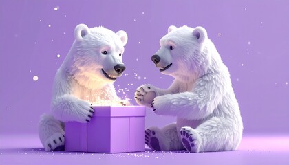 3D render of adorable polar bear opening sparkling gift box, pastel purple background with copy space, ideal for Christmas greeting cards, festive ads, and seasonal projects.