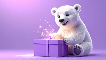 3D render of adorable polar bear opening sparkling gift box, pastel purple background with copy space, ideal for Christmas greeting cards, festive ads, and seasonal projects.
