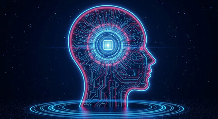 Glowing human head outline with circuit board pattern and central processor on a dark background