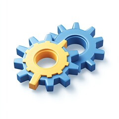 Two interlocking gears, blue and yellow, on white background