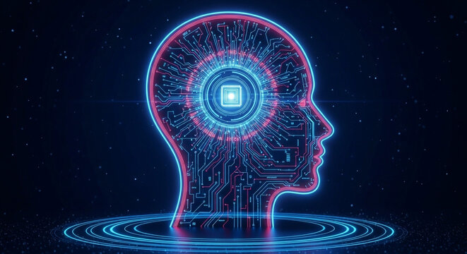 Glowing human head outline with circuit board pattern and central processor on a dark background