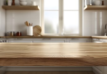 empty wooden table top in luxury home kitchen for food and kitchen appliance cooking equipment product display dais pedestal platform mockup background banner