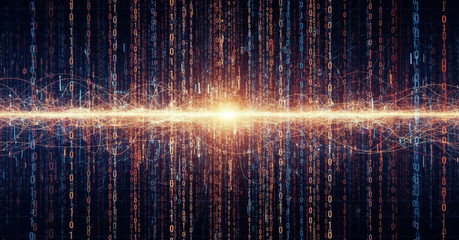 Digital stream with binary code and bright light streak across the center of the image view