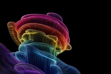 Obraz premium An imaginative abstract Singapore skyline where skyscrapers transform into cascading streams of rainbow-colored liquid ribbons, glowing and fluid, vivid spectrum tones on black backdrop, high resoluti