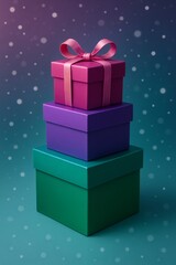 Obraz premium Stack of jewel-toned gift boxes with ribbon bow on top, festive background with snow effect, perfect for celebrations.