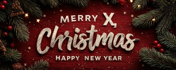 Festive Christmas greeting with holiday decorations and seasonal accents on red background
