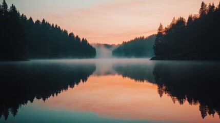 Obraz premium Serene lake at dawn with reflections and misty forest background 