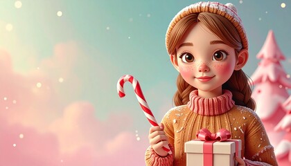 Cute 3D render of gingerbread girl character holding candy cane and gift box, pastel background with copy space, ideal for Christmas ads, festive decor, and holiday cards.