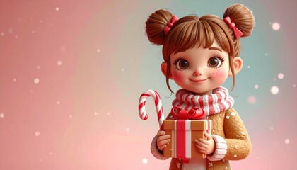 Cute 3D render of gingerbread girl character holding candy cane and gift box, pastel background with copy space, ideal for Christmas ads, festive decor, and holiday cards.