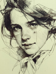 Emotional Hand-Drawn Portrait Sketch of a Young Adult with Tear Stains and Stormy Mood
