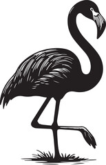 Elegant silhouette of a black flamingo standing on one leg with detailed feather texture