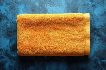 Orange towel lies folded on a blue textured surface; great contrast. Perfect to show cleanliness, hygiene, bathroom products, or spa scenes.