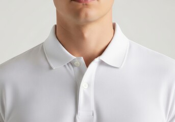 Naklejka na ściany i meble Closeup of a man wearing a white polo shirt, focusing on the collar and button detail for a clean and classic look of mockup