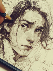 Emotional Hand-Drawn Portrait Sketch of a Young Adult with Tear Stains and Stormy Mood
