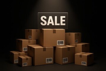 Fototapeta premium Stacked cardboard boxes with sale sign, ideal for promotions, e commerce campaigns, clearance events, and retail marketing.