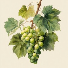 Obraz premium Green grapes cluster with vine leaves