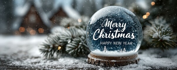 Christmas snow globe on a festive winter background with snowy branches