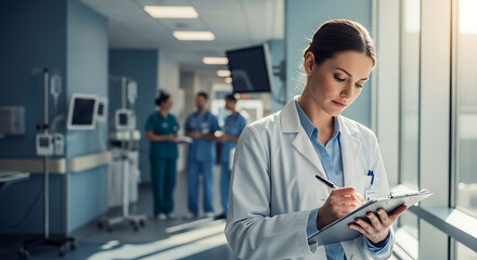 Young female doctor in a white coat, writing on a clipboard in a hospital hallway, with other medical professionals in the background