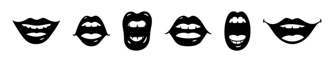 Lips and mouth in scream and smile. Cartoon mouth collection.