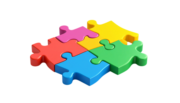 Colorful plastic puzzle pieces connect on a clean surface, ideal for a teamwork branding, or presentation backdrop. - Powered by Adobe