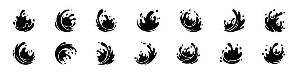 Water splashes set. Water design element, falling droplets silhouettes.