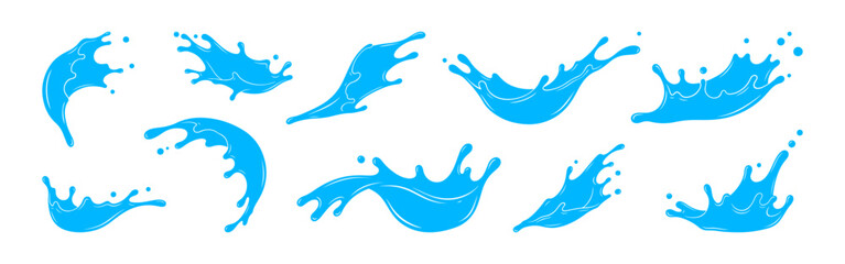 Water splashes set. Water design element, falling droplets silhouettes.