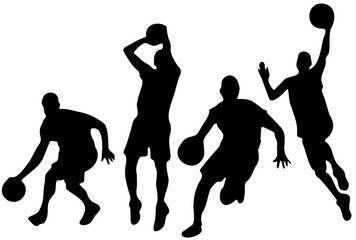 silhouettes of people play basket ball