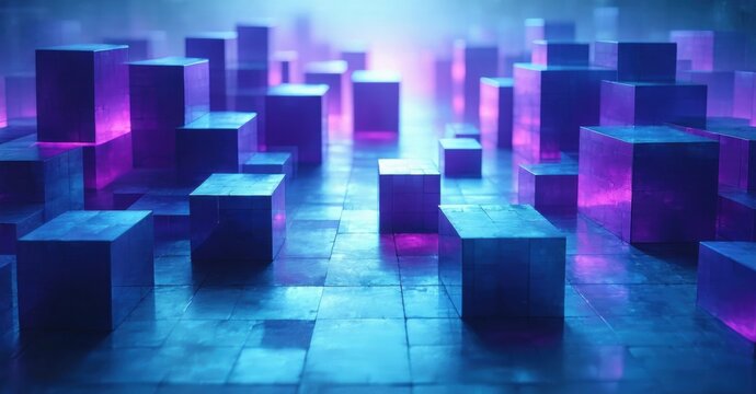 Abstract room filled with glowing cubes. Blue, purple hues create futuristic atmosphere. Minimalist design, geometric shapes dominate space.