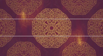 Elegant repeating golden mandala pattern on a rich purple background with subtle horizontal light accents, creating a luxurious and mystical abstract design
