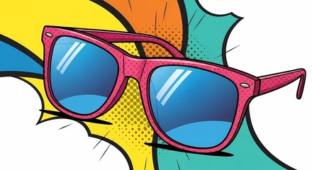 Pop Art Sunglasses with Pink Frames and Blue Lenses on Colorful Background