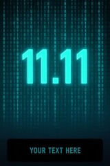 Futuristic 11.11 sale template with glowing binary background and empty space for text, ideal for online promotions.