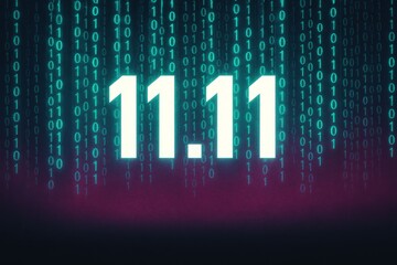 Futuristic 11.11 sale template with glowing binary background and empty space for text, ideal for online promotions.