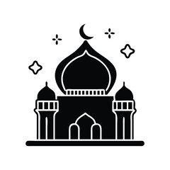 Silhouette of a glowing mosque with crescent moon and stars celebrating mawlid