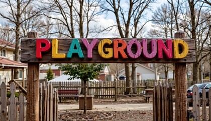 Colorful Playground Sign in a Suburban Park Entrance, Family Fun, and Recreation Area
