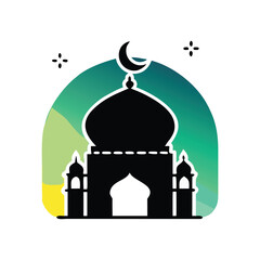 Glowing mosque silhouette celebrates mawlid with crescent moon and stars vibrant background