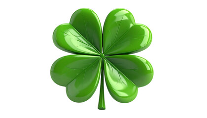Glossy green shamrock shines, uses transparent background for digital design and St. Patrick's Day graphics.
